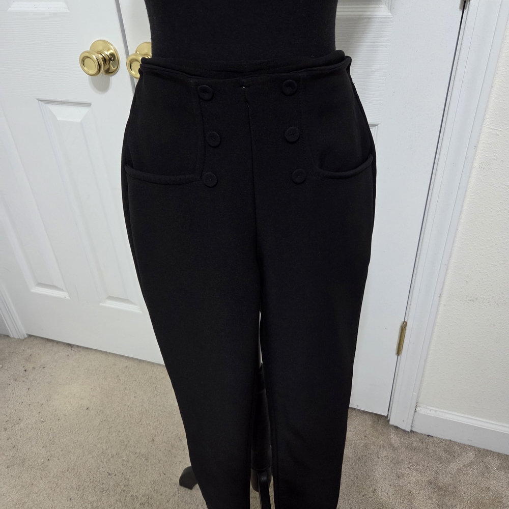 Elegant Black Pull On Women's Pants With Button Front Detail